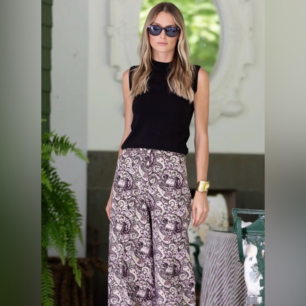 Julia Amory Women's Wide Leg Pants - Black and Purple Paisley